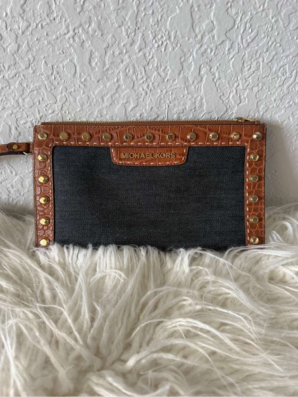 Beautiful Michael Kors Denim Canvas and Brown Stud Trim Wristlet